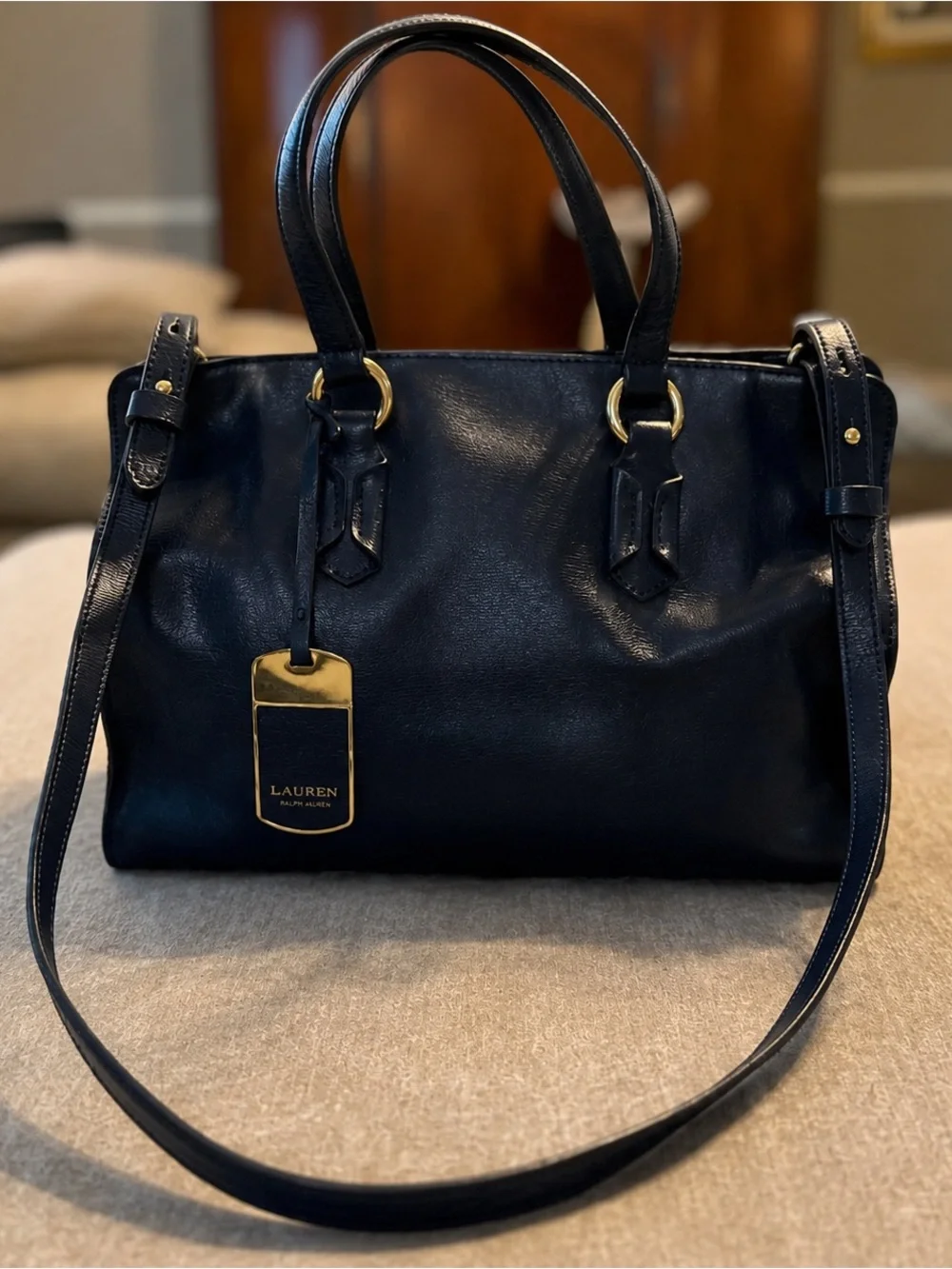 Lauren Ralph Lauren Navy Blue Satchel Shoulder Bag Gold Tone RLL